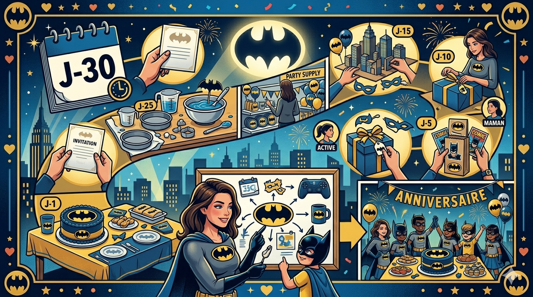 Anniversaire Batman : la checklist J-30 à J-1 pour organiser une fête réussie sans rien oublier
