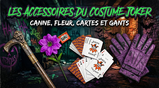Les accessoires du costume Joker : canne, fleur, cartes et gants