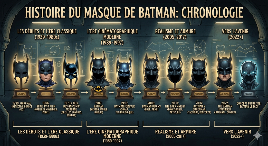 Histoire du masque Batman : l'évolution chronologique de 1939 à 2024